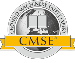 CMSE logotyp. En öppen bok med Jorden som bakgrund. En gul banderoll med texten CMSE som står för certifierad maskinsäkerhetsexpert.